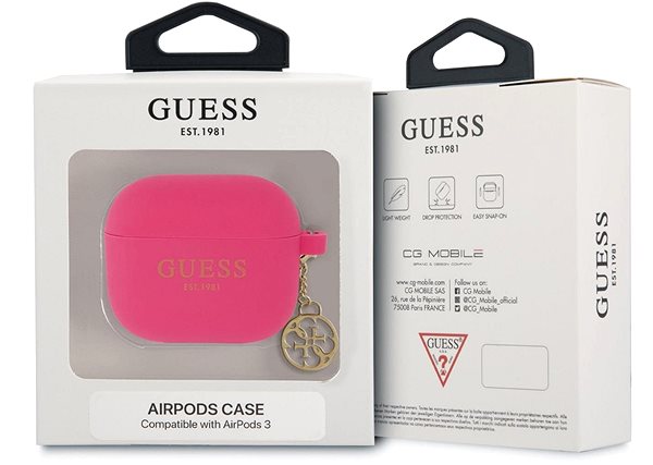 Kopfhörer-Hülle Guess 4G Charms Silikoncover für Apple Airpods 3 Fuchsia Verpackung/Box