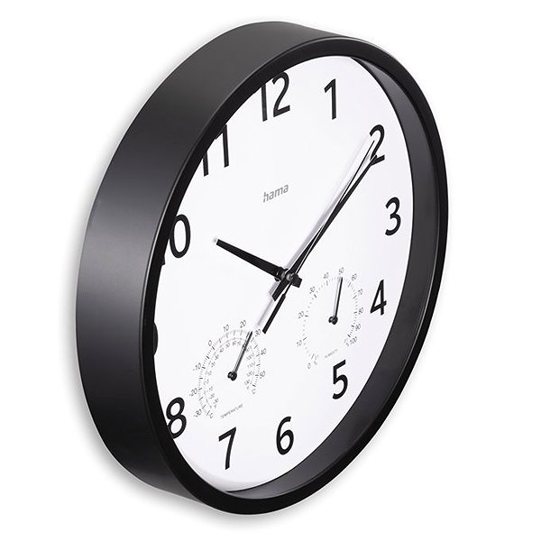 Wall Clock Hama Malta 25 cm, silent operation, thermometer/humidity gauge, black ...