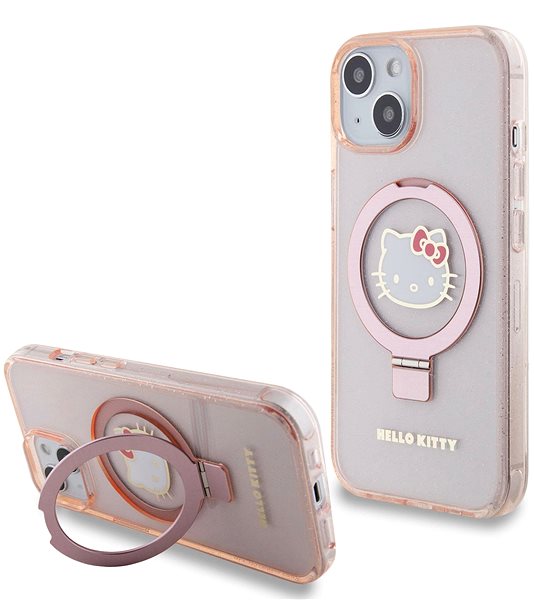 Handyhülle Hello Kitty IML Ringstand Glitter Kitty Head Logo MagSafe Back Cover für iPhone 15 Pink ...