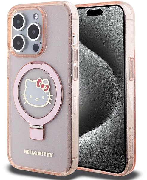Handyhülle Hello Kitty IML Ringstand Glitter Kitty Head Logo MagSafe Back Cover für iPhone 15 Pro Pink ...