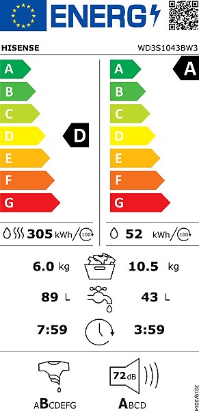 Steam Washing Machine with Dryer HISENSE WD3S1043BW3 Energy label