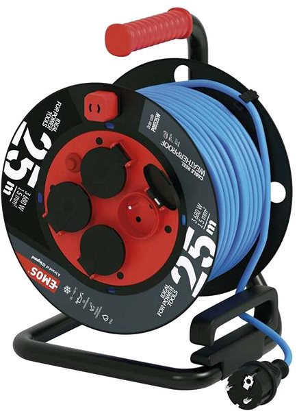 Hosszabbító kábel EMOS Időjárásálló kábeldob, 25 m, 4 aljzat, kék, szilikon, 230 V, 1,5 mm2 ...