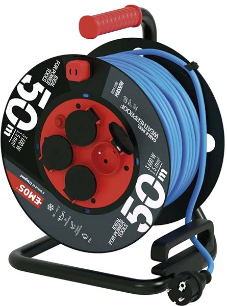 Prodlužovací kabel EMOS Počasí odolný kabel na bubnu 50 m, 4 zásuvky, modrý, silikon, 230 V, 1,5 mm2 ...