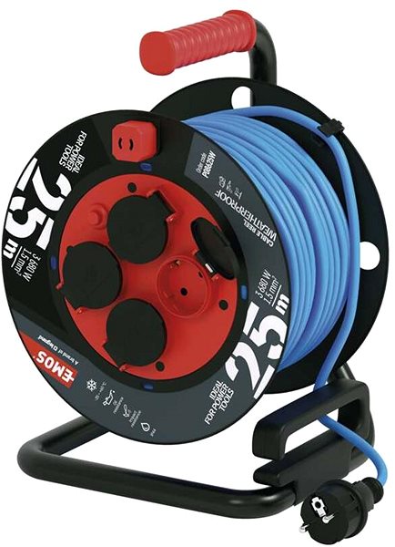 Hosszabbító kábel EMOS Időjárásálló kábeldob, 25 m, 4 aljzat, kék, szilikon, 230 V, 1,5 mm2 SCHUKO ...