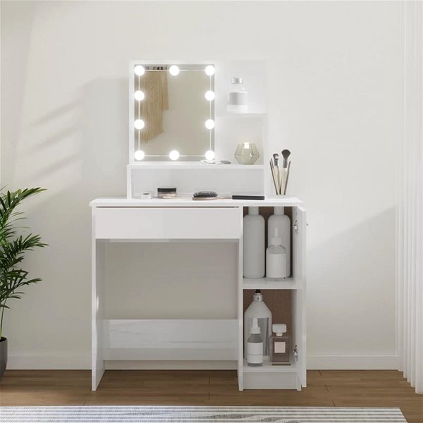 Toaletný stolík Shumee Toaletný stolík s LED lesklý biely 86,5 × 35 × 136 cm ...