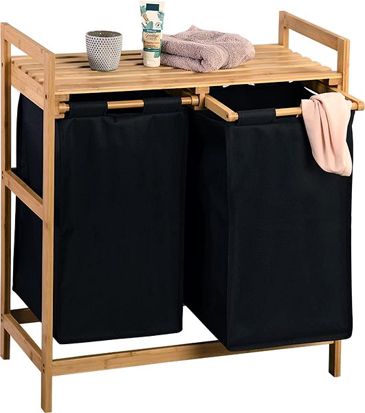 Koš na prádlo Kesper Koš na špinavé prádlo třídící s policí, černý, bambus, polyester 64 × 73 × 33 cm ...