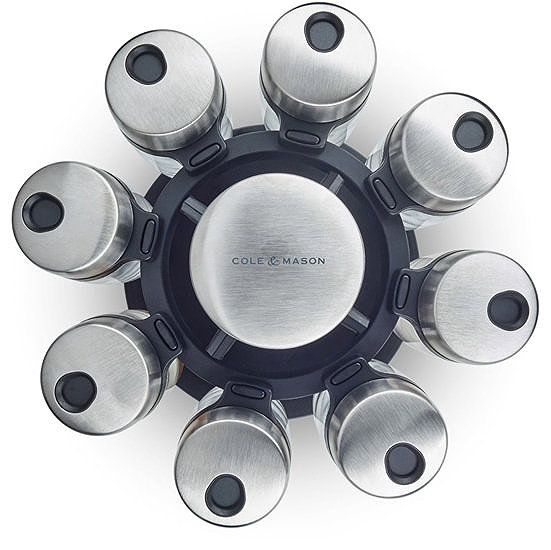 Cole & Mason rotating spice rack with 8 jars.