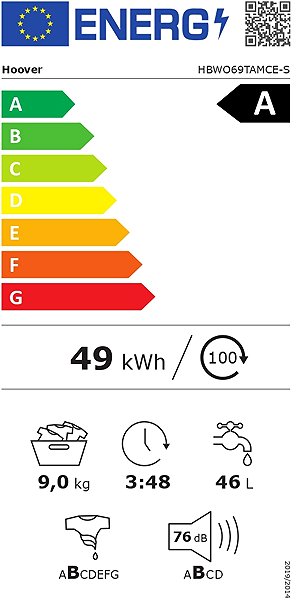 Built-in Washing Machine HOOVER HBWO 69TAMCE-S H-WASH Energy label