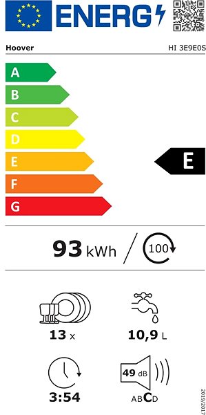 Beépíthető mosogatógép HOOVER HI 3E9E0S H-DISH 300 Lite Energia címke