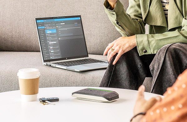 HP Poly Sync 20+ USB-A microphone with Microsoft Teams certification.