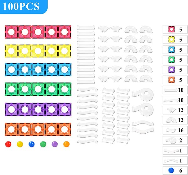 MNTL Magnetic marble run toy building set, 100 pcs, transparent.