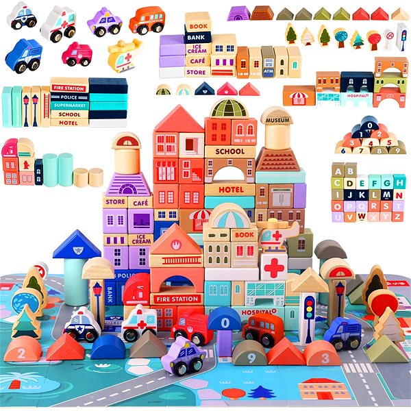 Wooden blocks Kruzzel 23519 Wooden blocks with a pad happy city 115 pcs .
