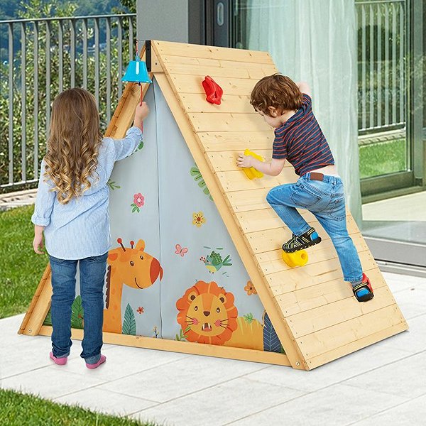 Tent for Children Costway Wooden tent with climbing wall ...