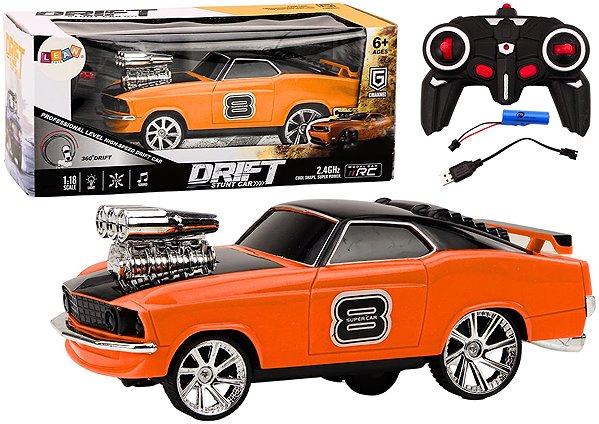 RC Car LEAN Toys 18566 Remote Controlled Car 1:18 Drift 360 Lights Sounds, Orange.
