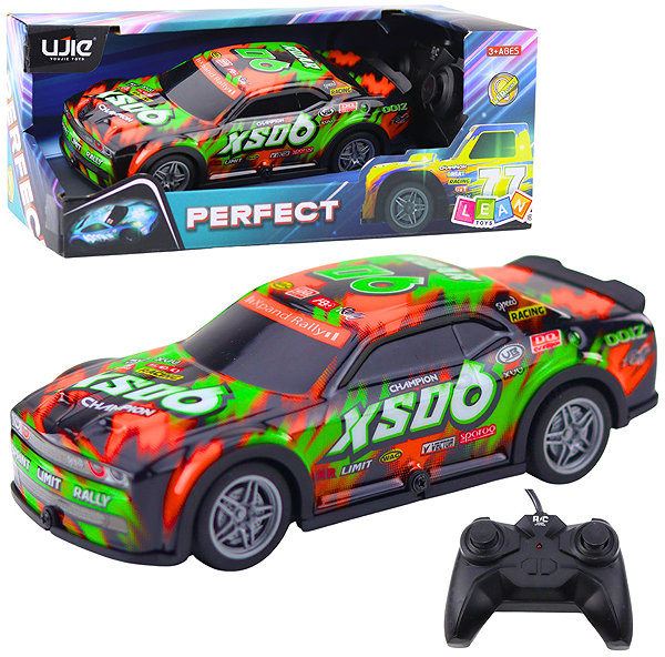 LEAN Toys 23062 RC Racing Car 27MHz, Light-Up Body, Orange-Green RC Car.