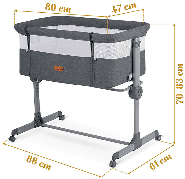 Nukido NK-243 folding bedside travel cot + mattress, grey.