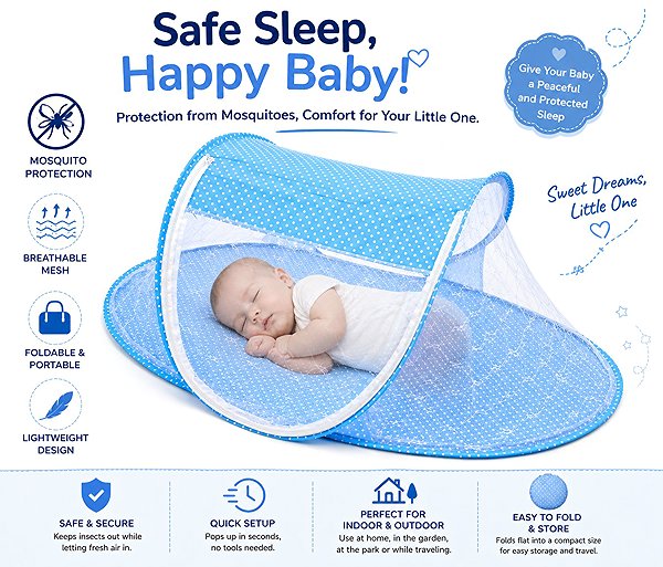 Leventi Folding cot with mosquito net 110 × 65 × 60cm, blue .