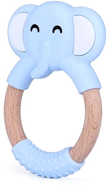 Elpinio wooden teether with silicone elephant - blue .