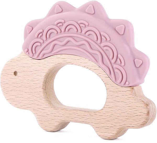 Elpinio wooden teether with silicone dinosaur - pink .