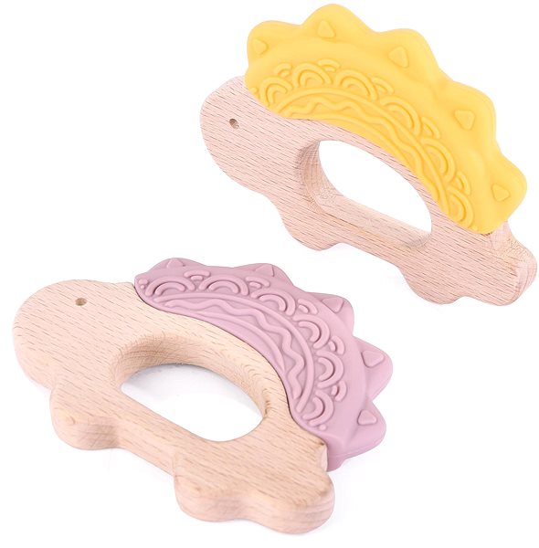 Elpinio wooden teether with silicone dinosaur - pink .