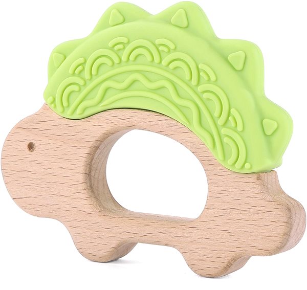Elpinio wooden teether with silicone dinosaur - green .