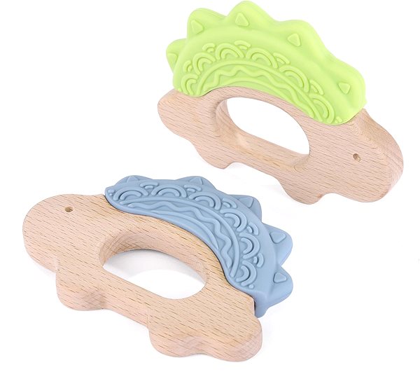 Elpinio wooden teether with silicone dinosaur - green .