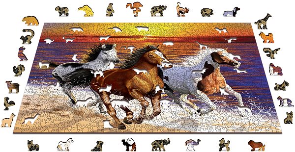 Puzzle Woden City Dřevěné puzzle Divocí koně na pláži 2v1, 1010 dílků eko ...