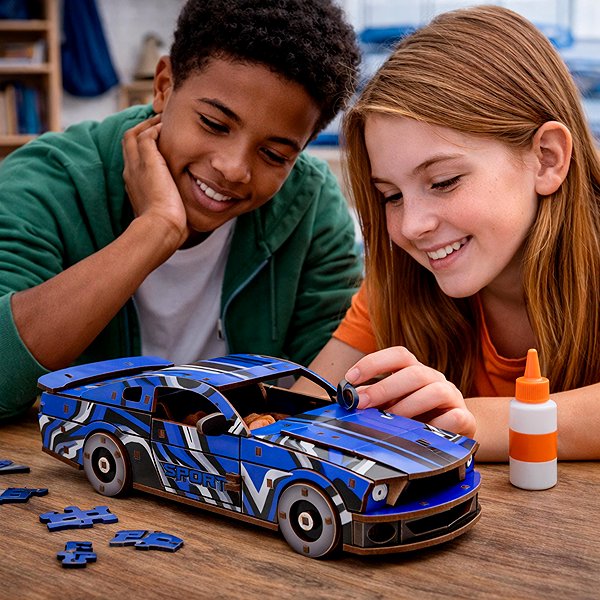 Holzpuzzle BusyKids 3D-Holzbausatz Muscle Car blau ...