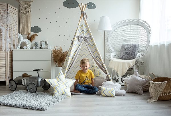 Tent for Children BabyTýpka teepee Zigzag yellow grey Lifestyle