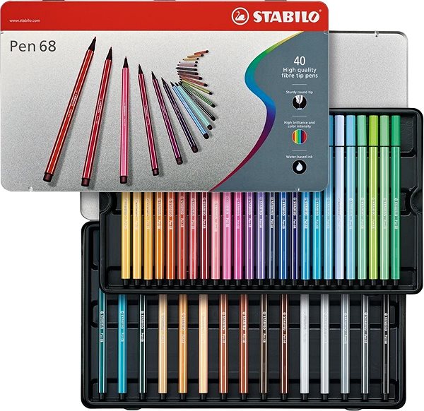 Fixky STABILO Pen 68, 40 ks, kovové puzdro Vlastnosti/technológia