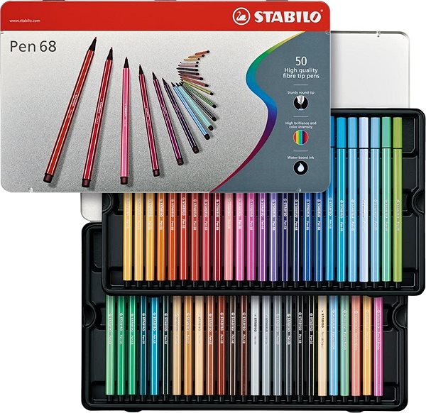 Fixky STABILO Pen 68, 50 ks, kovové puzdro Vlastnosti/technológia
