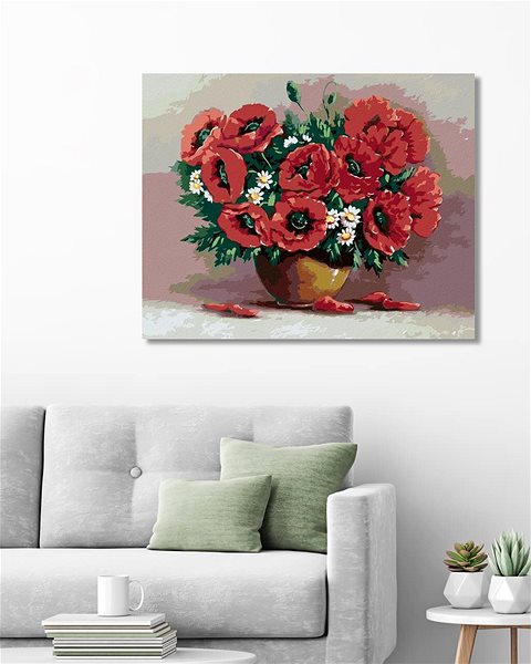 Maľovanie podľa čísel Maľovanie podľa čísel – Červené kvety v hnedej váze, 40 × 50 cm, bez rámu a bez napnutého plátna ...
