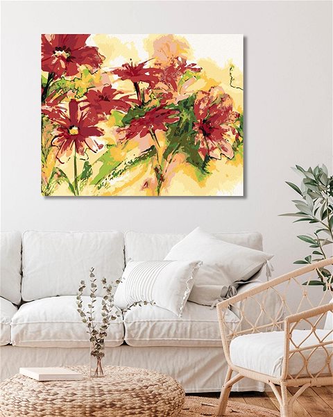 Malování podle čísel Malování podle čísel - Červené kvetoucí květiny, 40x50 cm, vypnuté plátno na rám ...