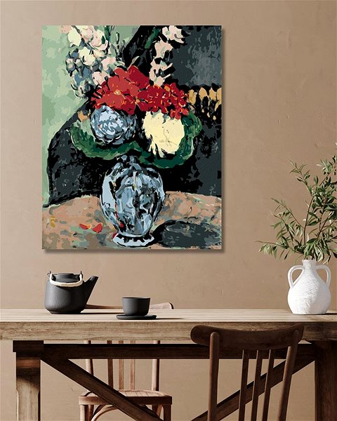 Malování podle čísel Malování podle čísel - Dahlie v delftské váze (P. Cézanne), 40x50 cm, bez rámu a bez vypnutí plátna ...