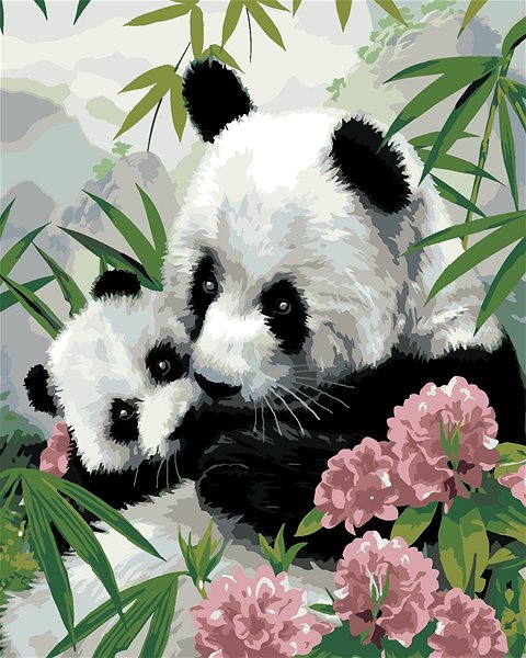 Maľovanie podľa čísel Maľovanie podľa čísel – Panda s mláďaťom a ružové kvety (Howard Robinson), 40 × 50 cm, bez rámu a bez napnutia plátna ...