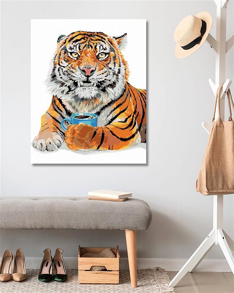 Maľovanie podľa čísel Maľovanie podľa čísel – Tiger s kávou (Holly Simental), 80 × 100 cm, napnuté plátno na rám ...
