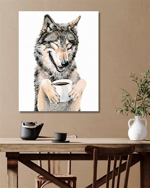 Maľovanie podľa čísel Maľovanie podľa čísel – Vlk a káva (Holly Simental), 40 × 50 cm, bez rámu a bez napnutia plátna ...