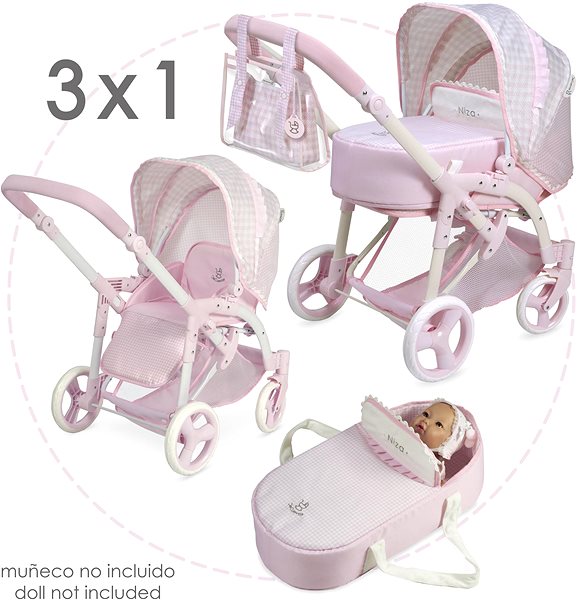 Kočík pre bábiky DeCuevas 81646 Skladací kočík pre bábiky 3 v 1 s prenosnou taškou NIZA 2022 – 75 cm ...