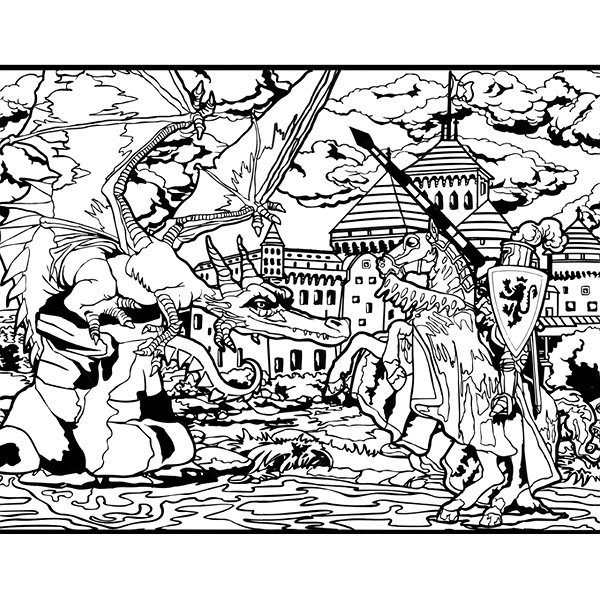 colouring page colourvelvet Velvet picture of a dragon and a knight .