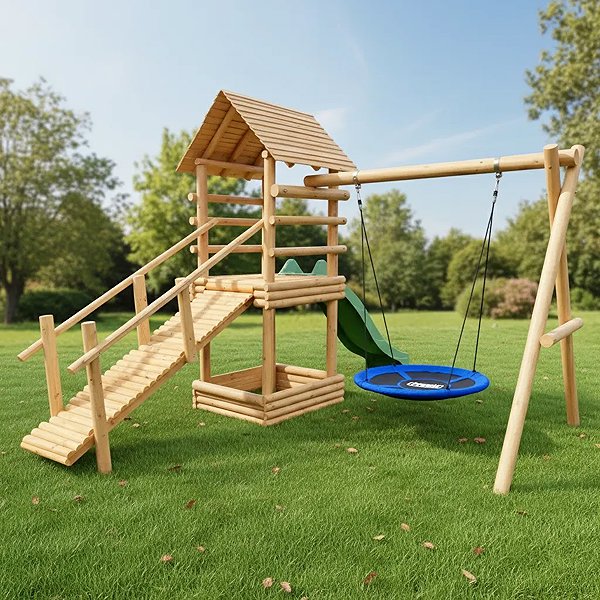 TopKing Tower with ramp, sandpit, 2× swing, with slide playground.