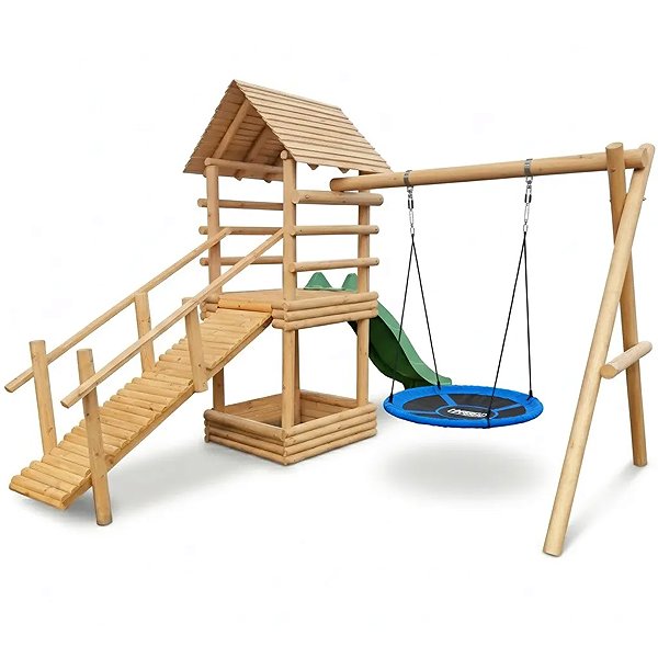 TopKing Tower with ramp, sandpit, 2× swing, with slide playground.