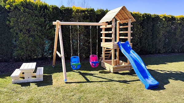 TopKing Tower with ramp, sandpit, 2× swing, with slide playground.
