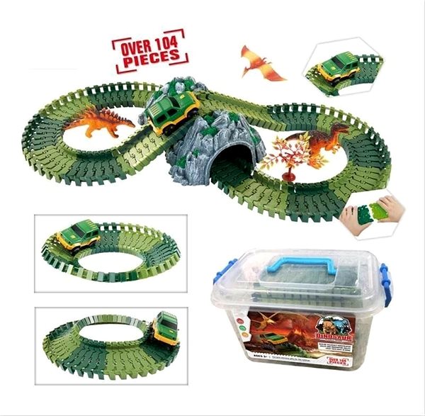 Slot Car Track Runway with Dinosaurs and Tunnel, 104 Parts Screen