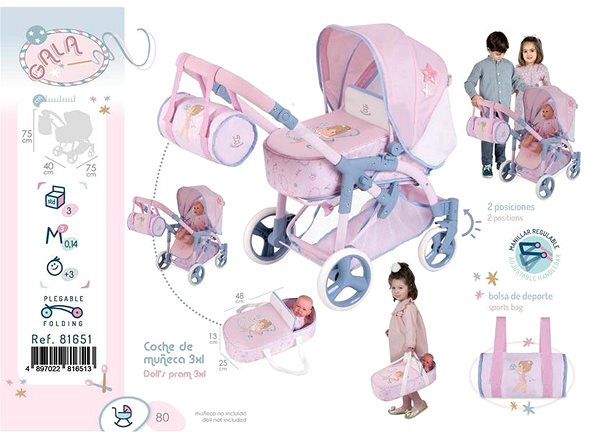 Kočík pre bábiky DeCuevas 81651 Skladací kočík pre bábiky 3 v 1 s taškou GALA 2023 – 75 cm ...