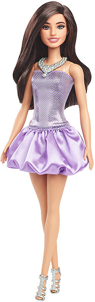 Barbie Fashionistas model doll with purple dress.