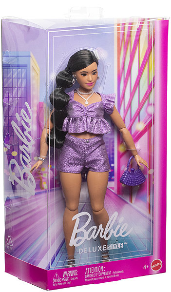 Barbie doll deluxe model with purple shorts.