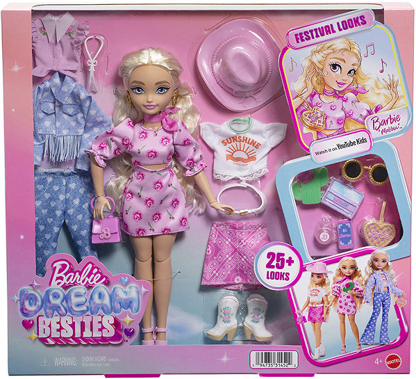 Barbie Dream Besties Malibu festival look doll with accessories.