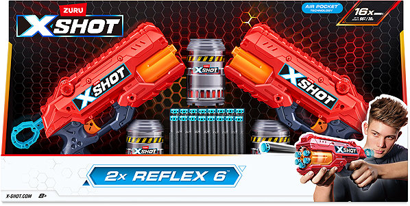 X-Shot Reflex 6 toy gun + darts and 3 cans.