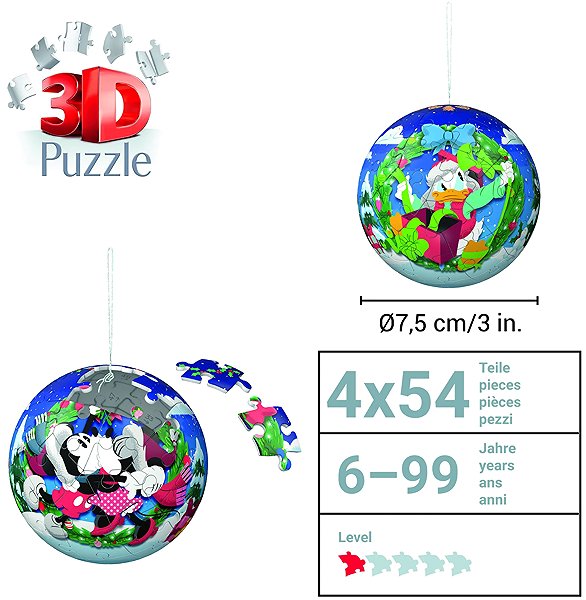 3D Puzzle Ravensburger 120080886 Puzzle Disney Christmas Ornaments, Set of 4 × 54 Pieces ...