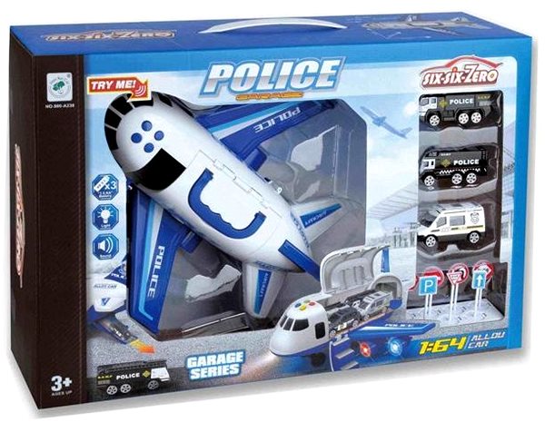 Spielzeug-Garage Polizeiflugzeug mit Frachtraum mit Autos Maßstab 1:64 ...